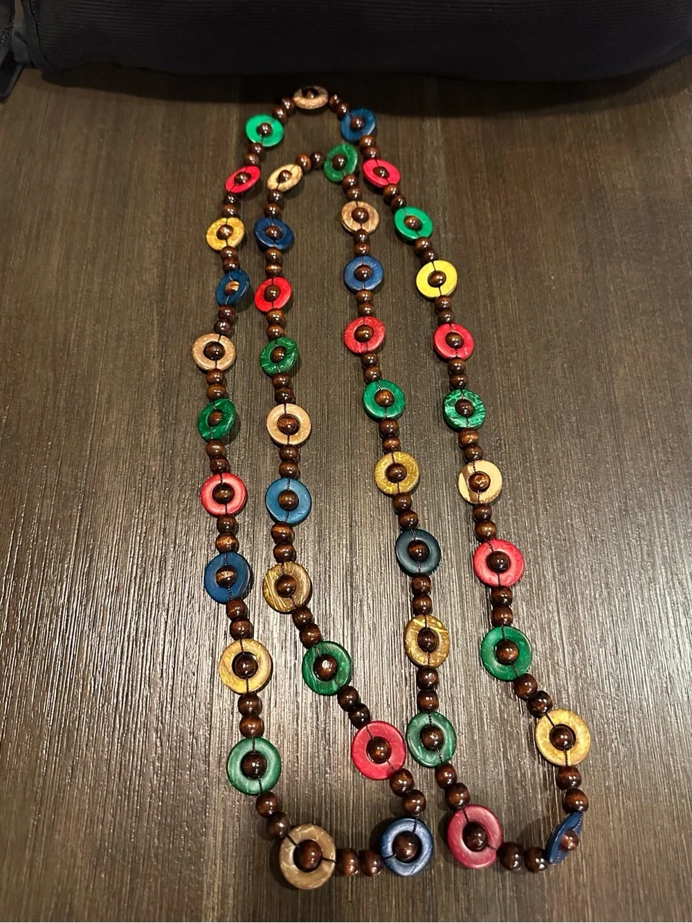 Vintage Bohemian Long Multi-Color Wood & Coconut Shell Disc Strand Neckla